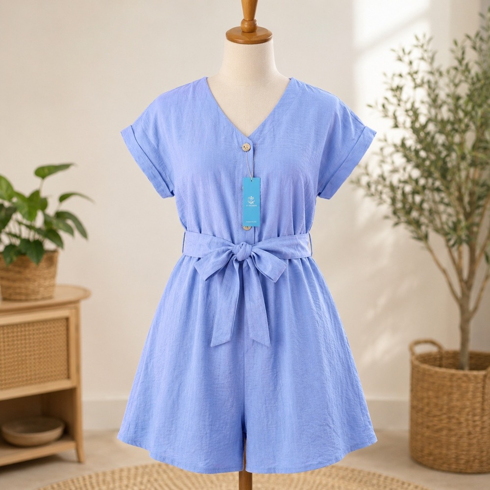 NWT Cupshe Romper Womens Small Blue V-Neck Button Front Tie Waist Textured Short